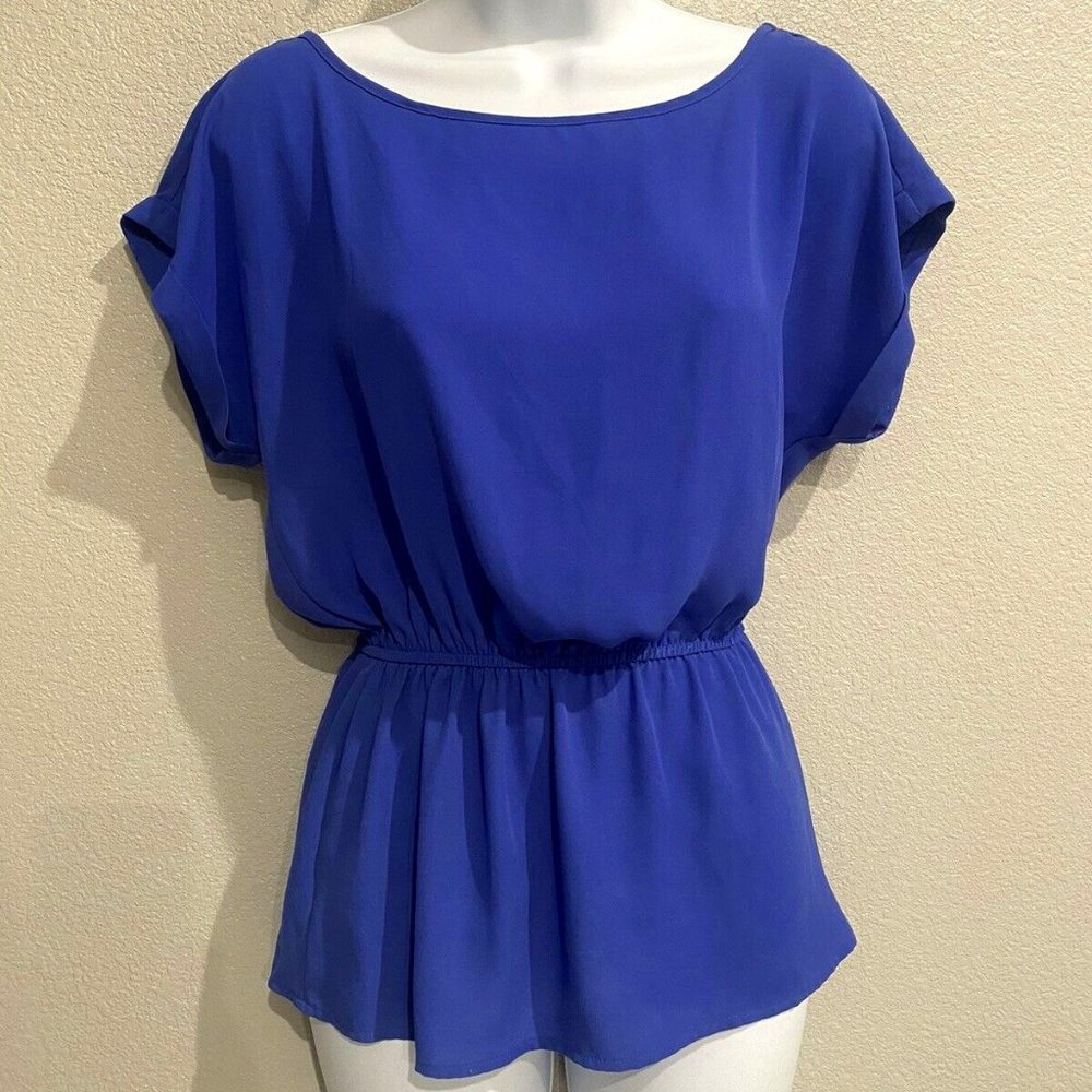 Blue Professional Office Blouse With Wide Neckline